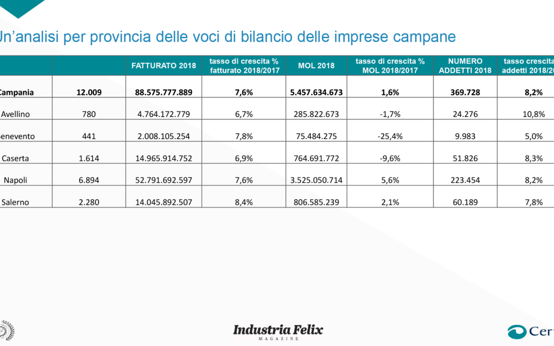 Campania, aumentano del 7,6% i ricavi delle società sopra il milione di euro in fase pre Covid-19